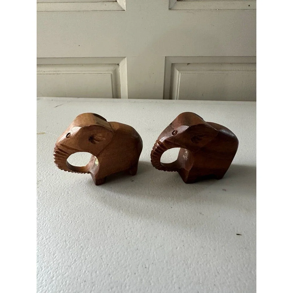 Vintage Mid Century Modern Carved 2 Wood Elephant Napkin Rings Holders Set